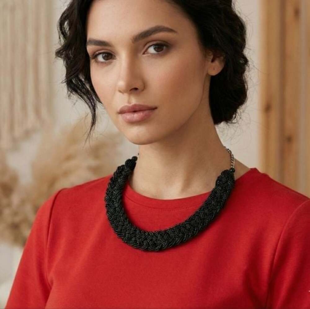 Black Beaded Braided Statement Necklace